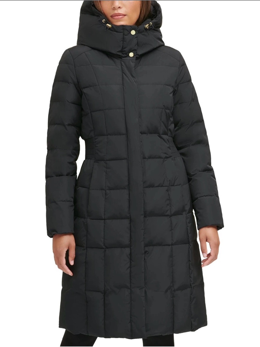 Cole Haan Black Down Puffer Coat Hooded Bib Front Long Winter Coat Medium